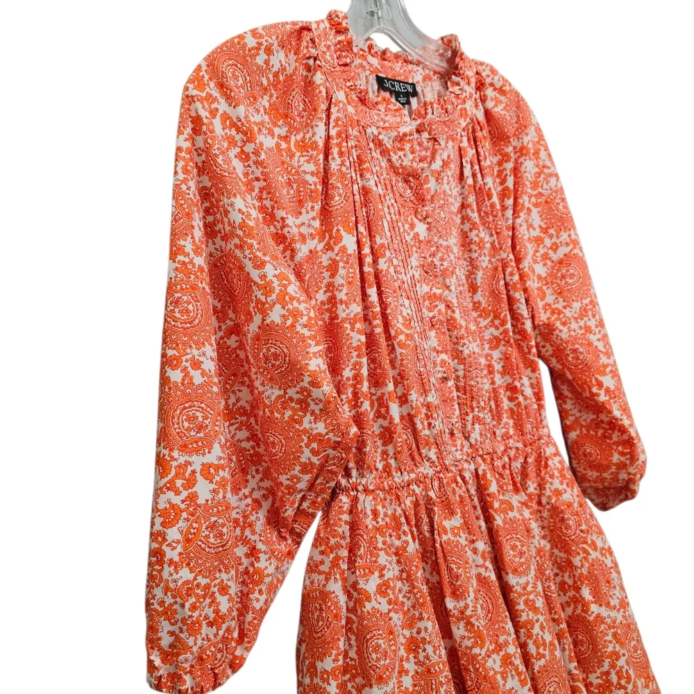 Nwot J.Crew Orange White Floral LS Ruffled Neck Fit/Flare Button Front  Dress